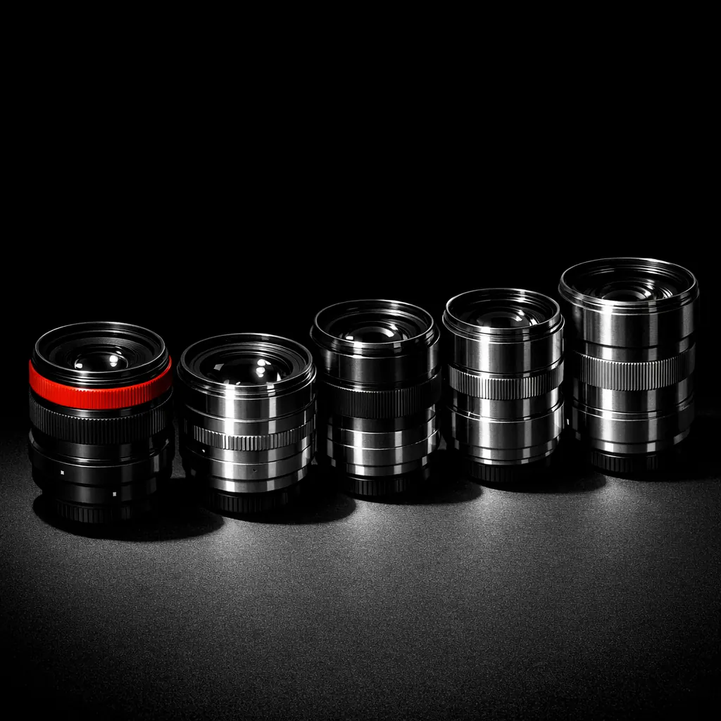 A row of professional camera lenses with the leftmost carrying a matte vermillion aperture ring, illustrating live dealer studio production at non gamstop casinos